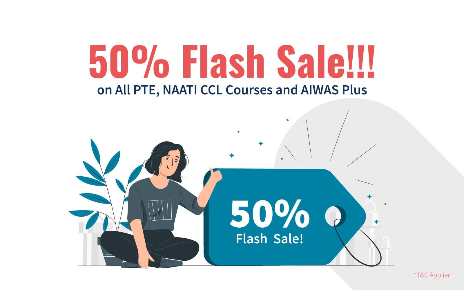 Flash 50% Sale on PTE course, NAATI course &#038; AIWAS Plus packages image